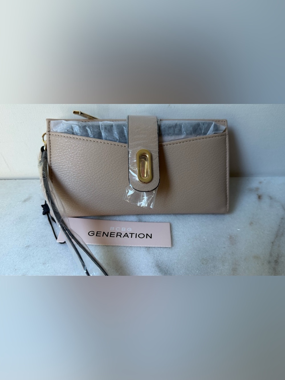 BCBGeneration Beige wallet wristlet with Gold-Tone Hardware
